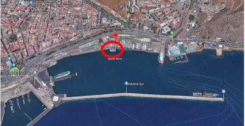 Localización seleccionada en el muelle Ribera en el Puerto de Santa Cruz de Tenerife